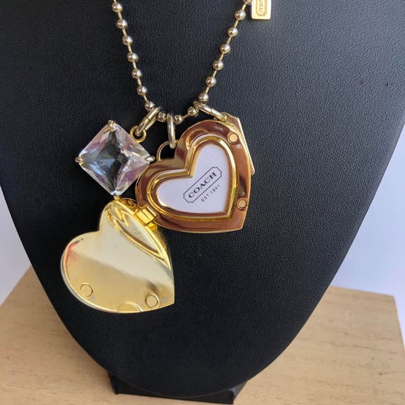 Coach Logo Gold Heart Locket Necklace with Attached Stone - Picture 4 of 8